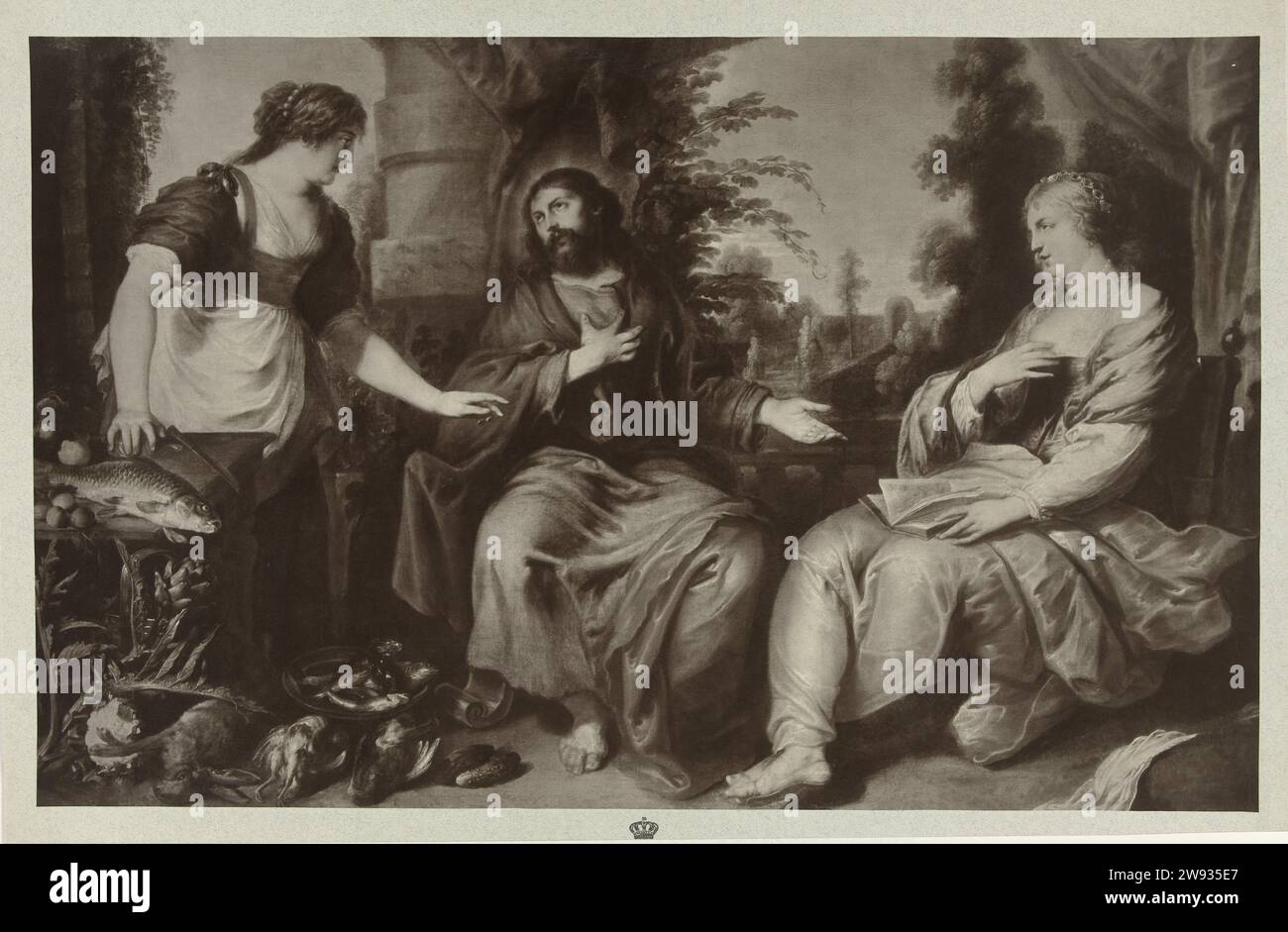 Produzione fotografica di un dipinto di Vincent Malò, "Cristo con Marta e Maria", Adolphe Braun & Cie (Attribuito a), dopo Vincent Malò (i), 1866 - 1900 Fotografia Amsterdam paper. Cartoncino stampa in carbonio Cristo nella casa di Marta e Maria (Luca 10:38-42) Rijksmuseum Amsterdam Foto Stock