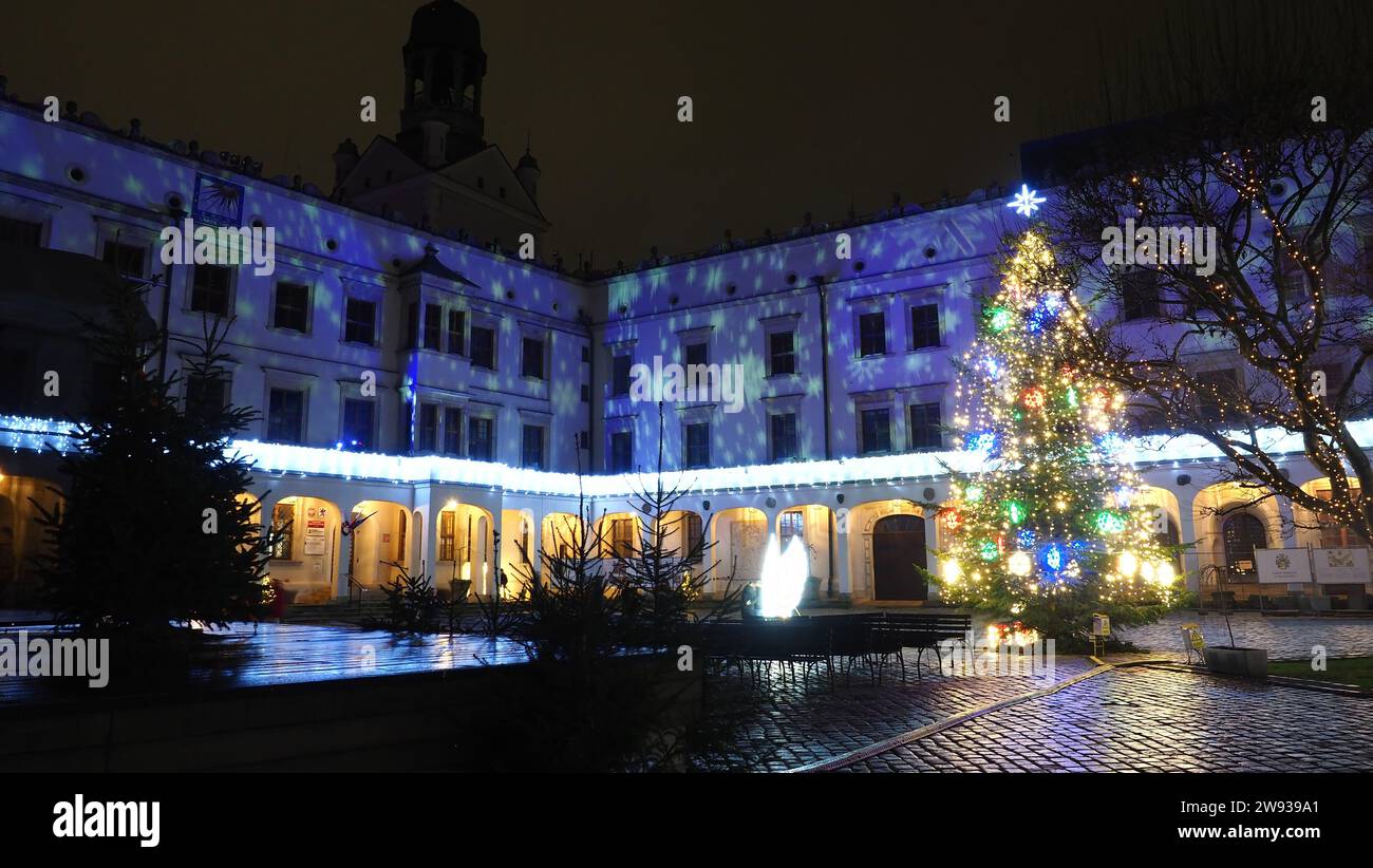 Castello Ducale di Szczecin (Castello dei Duchi Pomerani) illuminato per Natale e festività - Pomerania Occidentale , Stettino Polonia Foto Stock