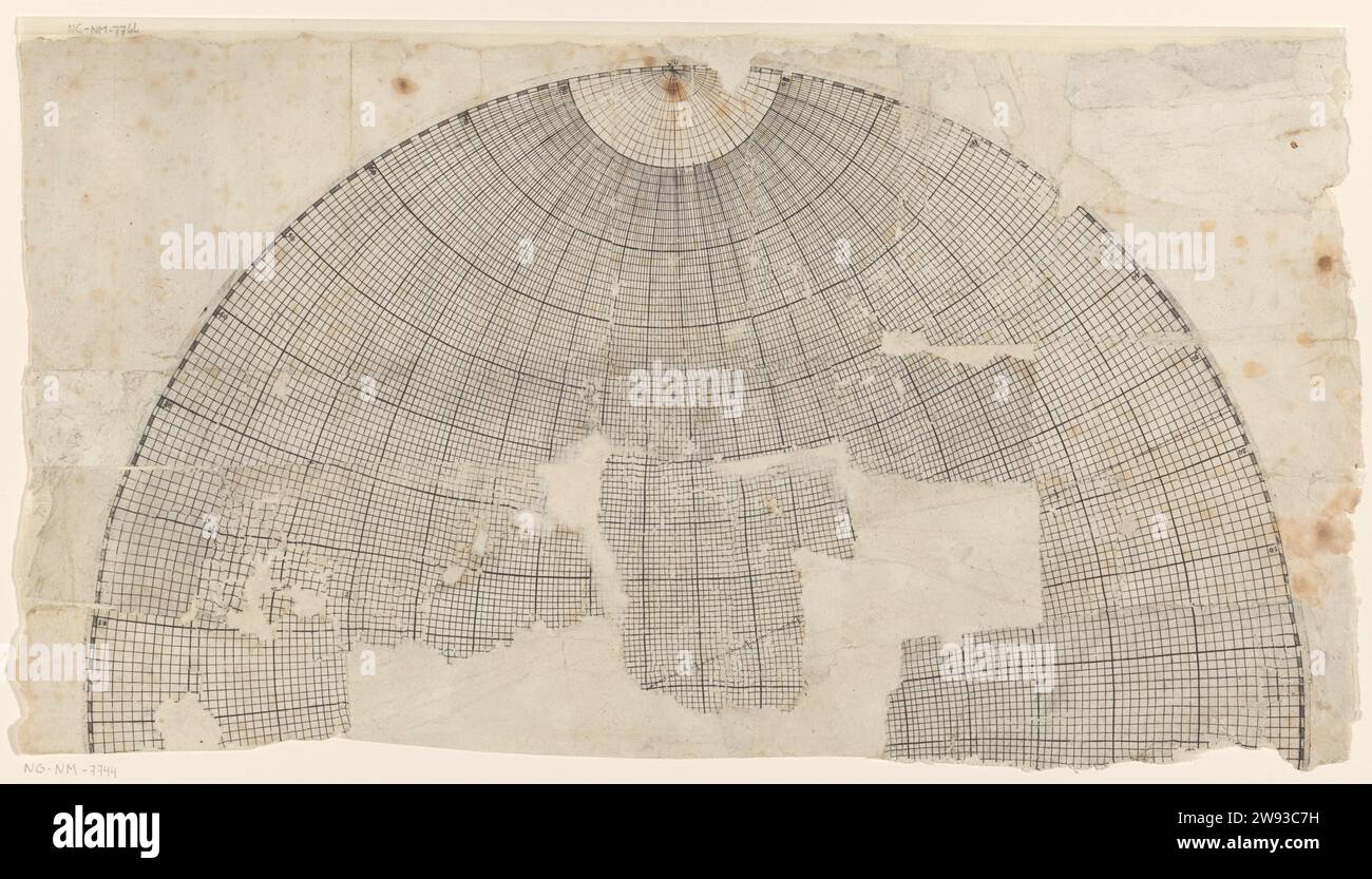 Mapnet dell'emisfero settentrionale, anonimo, in o prima del 1596 stampa Una rete di linee utilizzate per la posizione. Una rete semicircolare di linee; il sistema di meridiani terrestri e paralleli nella proiezione stereografica equatoriale. La rete della scheda è stata utilizzata in combinazione con la guida di lunghezza di Plancius. Mappe di incisione cartacee dei Paesi Bassi settentrionali, atlanti di New Zembla Foto Stock