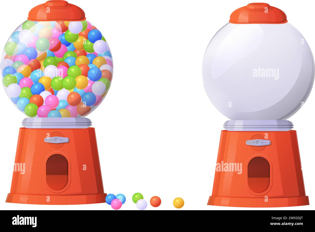 Macchina Gumball piena di caramelle gommose. Distributore automatico. Mostrare l'illustrazione vettoriale in stile cartone animato realistico isolato su bianco. Illustrazione Vettoriale