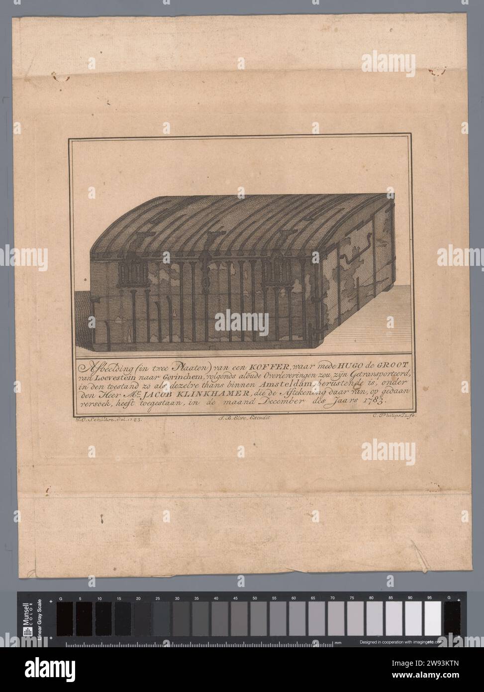 Scatola del libro chiusa di Hugo de Groot, stampa del 1783 immagine di una valigia chiusa all'interno del quadro, incluso il quadro interno. Secondo la didascalia, questa è la valigia in cui Hugo de Groot fuggì da Loevestein a Gorinchem. La valigia era in possesso del signor Jacob Klinkhamer ad Amsterdam al momento della rappresentazione nel dicembre 1783. Giornale di Amsterdam. Tronco inciso a inchiostro, serratura Loevestein per tuta. Gorinchem Foto Stock