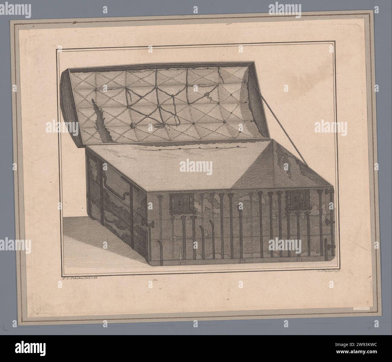 Scatola aperta di Hugo de Groot, stampa del 1784 immagine di una valigia aperta all'interno della cornice. Stampa confermata su un cartone con telaio. Hugo de Groot di Loevestein fuggì a Gorinchem con una valigia. Alla bara in possesso del signor Jacob Klinkhamer ad Amsterdam. Giornale di Amsterdam. Tronco inciso a inchiostro, serratura Loevestein per tuta. Gorinchem Foto Stock