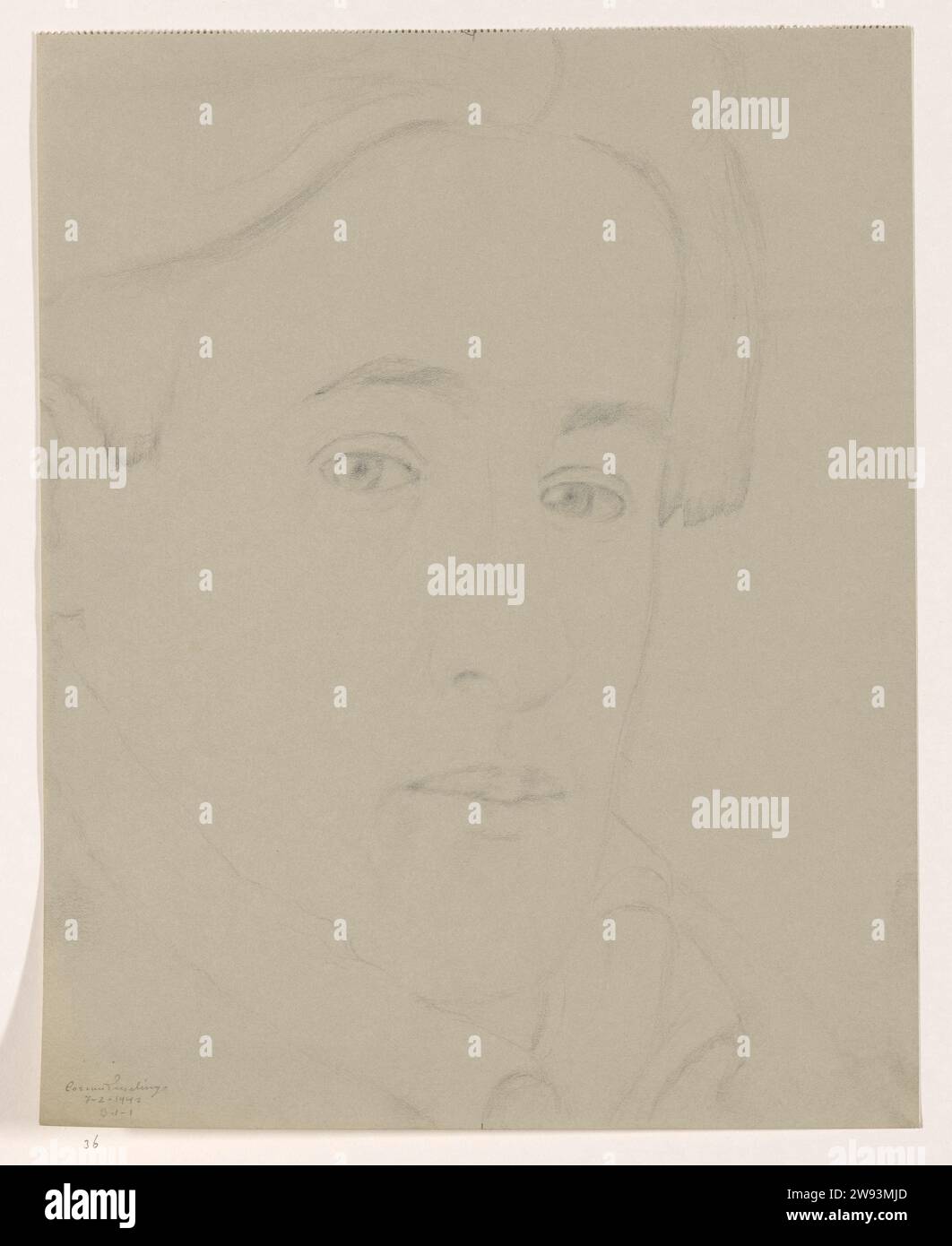 Autoritratto: B-1-1, 7 febbraio 1942 disegno Autoritratto di Cor van Teeseling: B-1-1, 7 febbraio. Disegnando tre quarti di Cor van Teeseling guardando a destra, ha omesso la parte superiore della sua testa. Carta Weteringschans. ritratto a matita, autoritratto del disegnatore. persone storiche. Prigioniero in cella o in un posto chiuso ad Amsterdam. Weteringschans Foto Stock