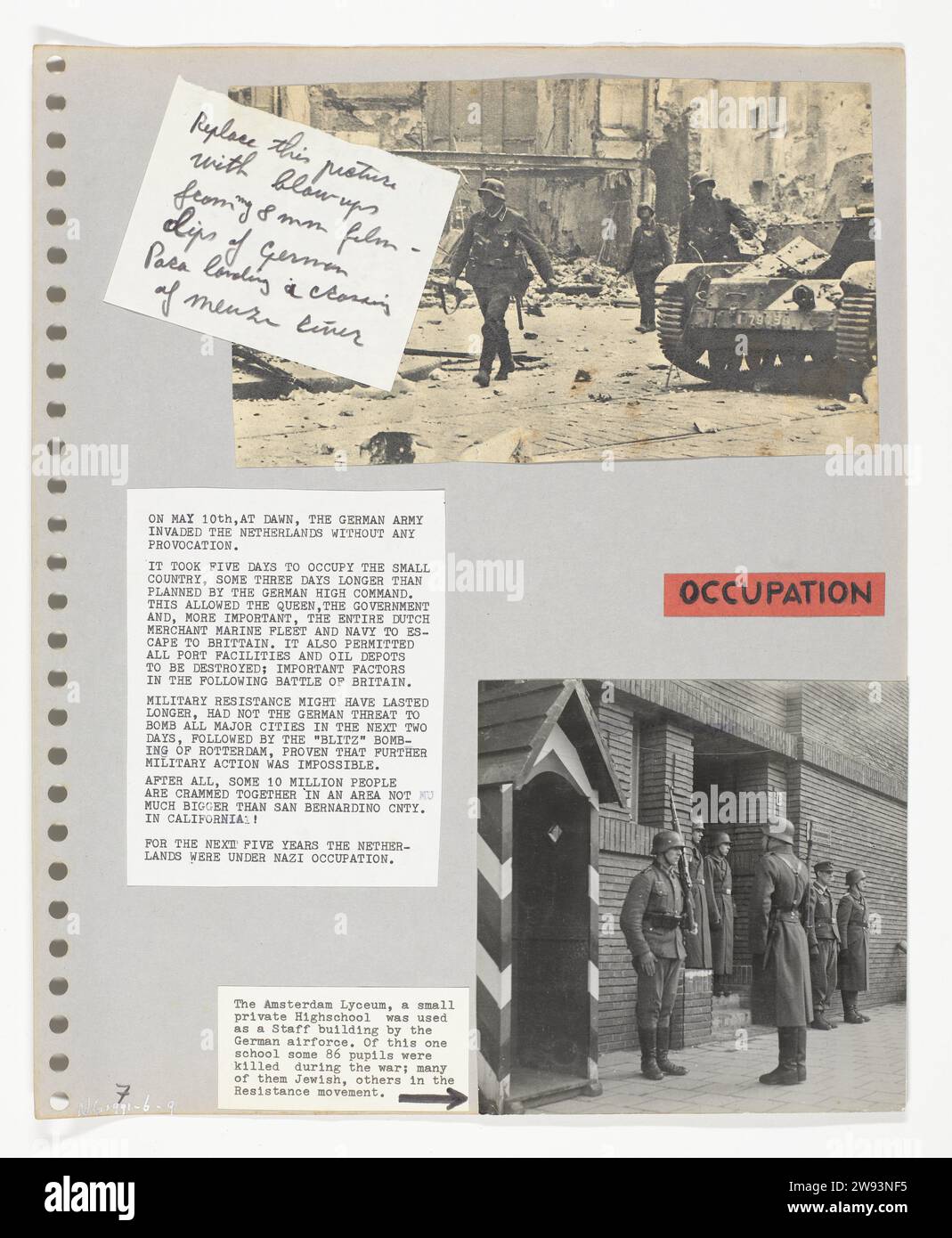 Hoofdkwartier Green Police, 1940 - 1945 Fotografia in cima alla pagina una foto di giornale di soldati tedeschi in una città bombardata. In basso: Foto della sede centrale del Grüne Polizei che si trovava nel Liceo di Amsterdam. Questa foto è stata probabilmente trasmessa in segreto da Piet Noordzij all'Archivio olandese. Noordzij lavorò a Capi Lux e ricevette materiale fotografico dai tedeschi per svilupparlo. Giornale di Amsterdam. Plastica (materiale organico) Paesi Bassi Foto Stock