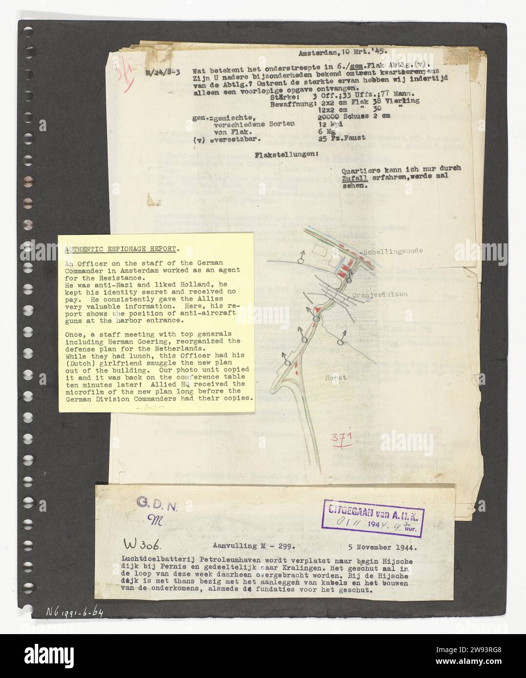 Spyage Report, 1945 fotografa rapporti spia da un ufficiale tedesco che lavorava per la resistenza olandese. Carta dei Paesi Bassi. Plastica (materiale organico) Paesi Bassi Foto Stock