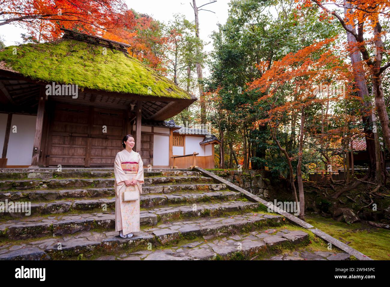 Kyoto, Giappone. Donna che indossa kimono nel giardino autunnale del tempio di Honen-in. Gli alberi d'acero diventano rossi in autunno. Edificio tradizionale Giapponese con scale in pietra Foto Stock