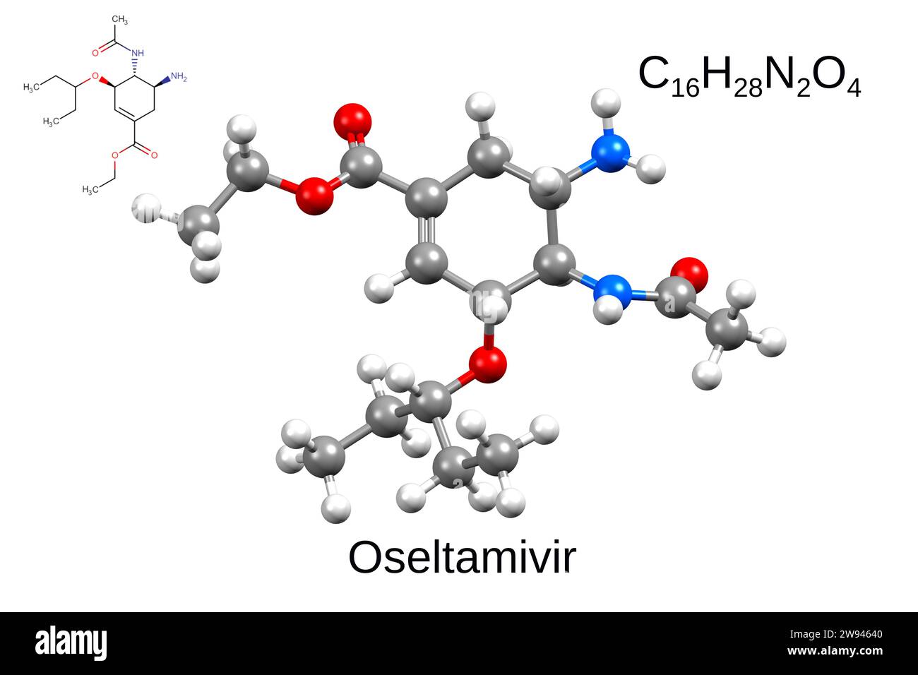 Formula chimica, formula scheletrica e modello 3D palla e bastone di un farmaco antivirale oseltamivir, sfondo bianco Foto Stock