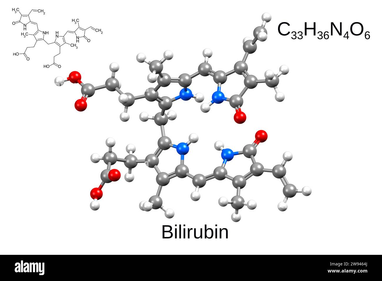Formula chimica, formula scheletrica e modello 3D di bilirubina, sfondo bianco Foto Stock