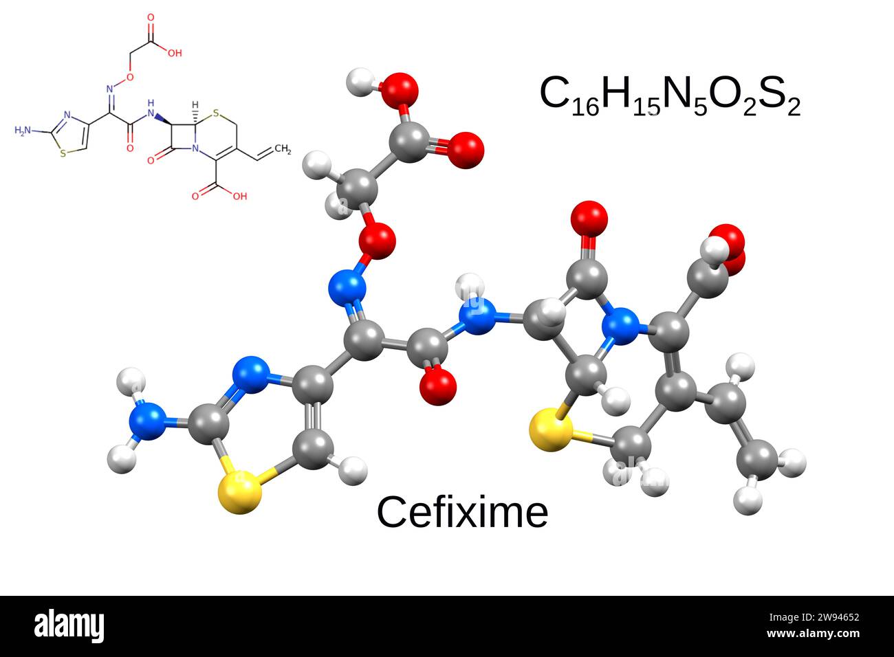 Formula chimica, formula strutturale e modello 3D di cefissima antibiotica, sfondo bianco Foto Stock