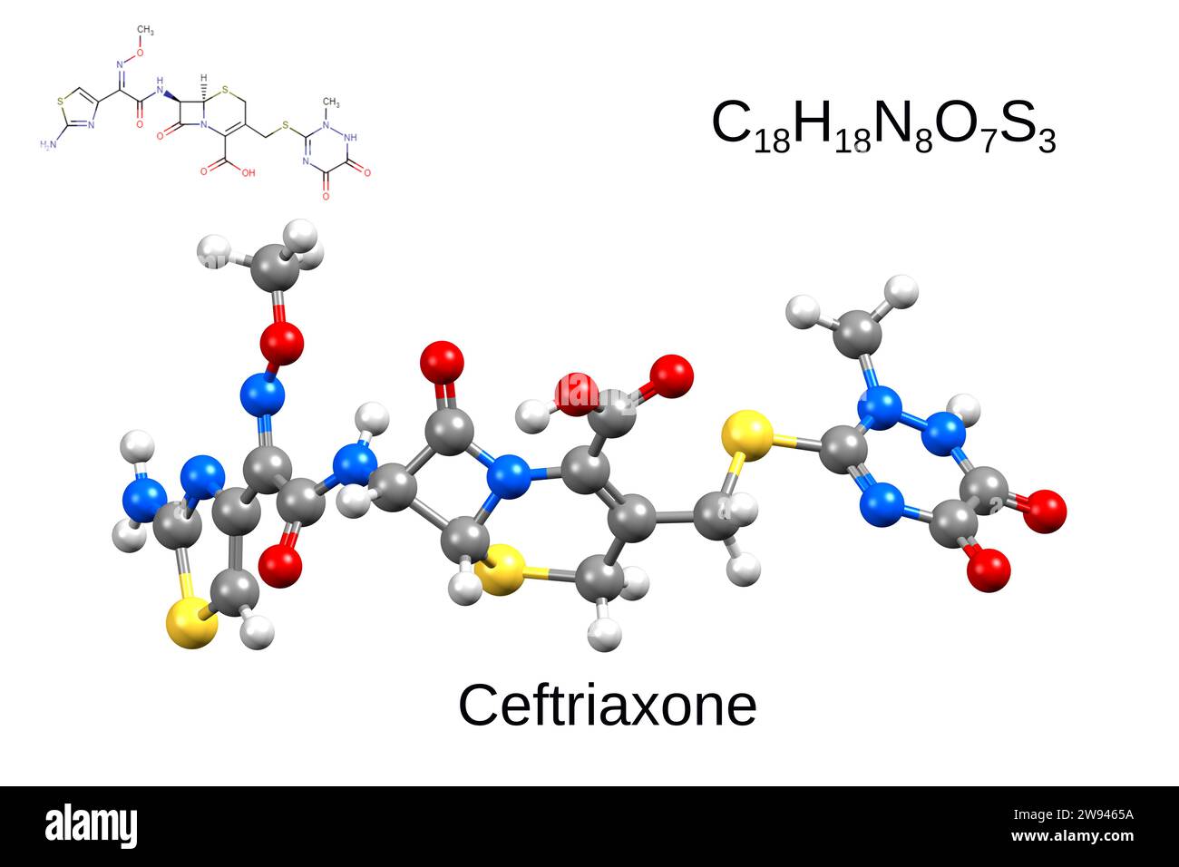 Formula chimica, formula strutturale e modello 3D di ceftriaxone antibiotico, sfondo bianco Foto Stock