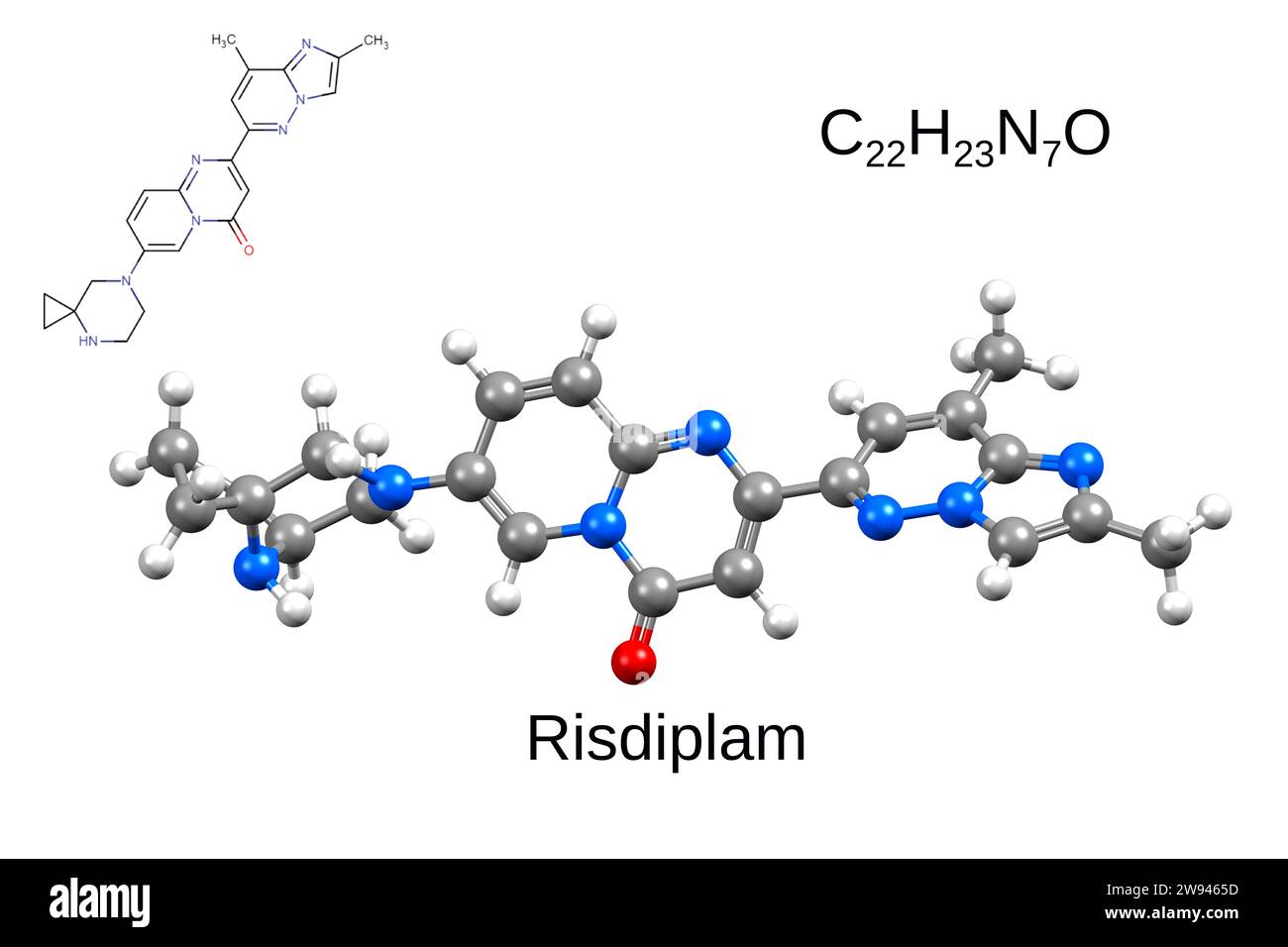 Formula chimica, formula strutturale e modello 3D palla e bastone di risdiploma, un farmaco usato per trattare l'atrofia muscolare spinale, sfondo bianco Foto Stock