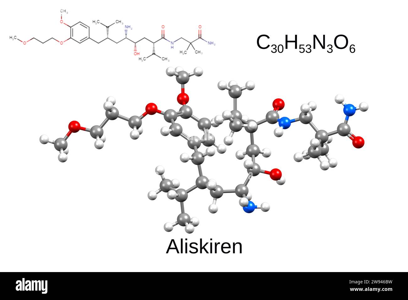 Formula chimica, formula strutturale e modello 3D palla e bastone di aliskiren, un inibitore diretto della renina, sfondo bianco Foto Stock