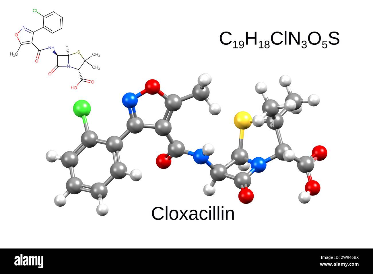 Formula chimica, formula strutturale e modello 3D di cloxacillina antibiotica, sfondo bianco Foto Stock