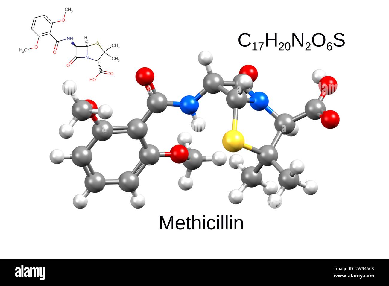Formula chimica, formula strutturale e modello 3D di meticillina antibiotica, sfondo bianco Foto Stock