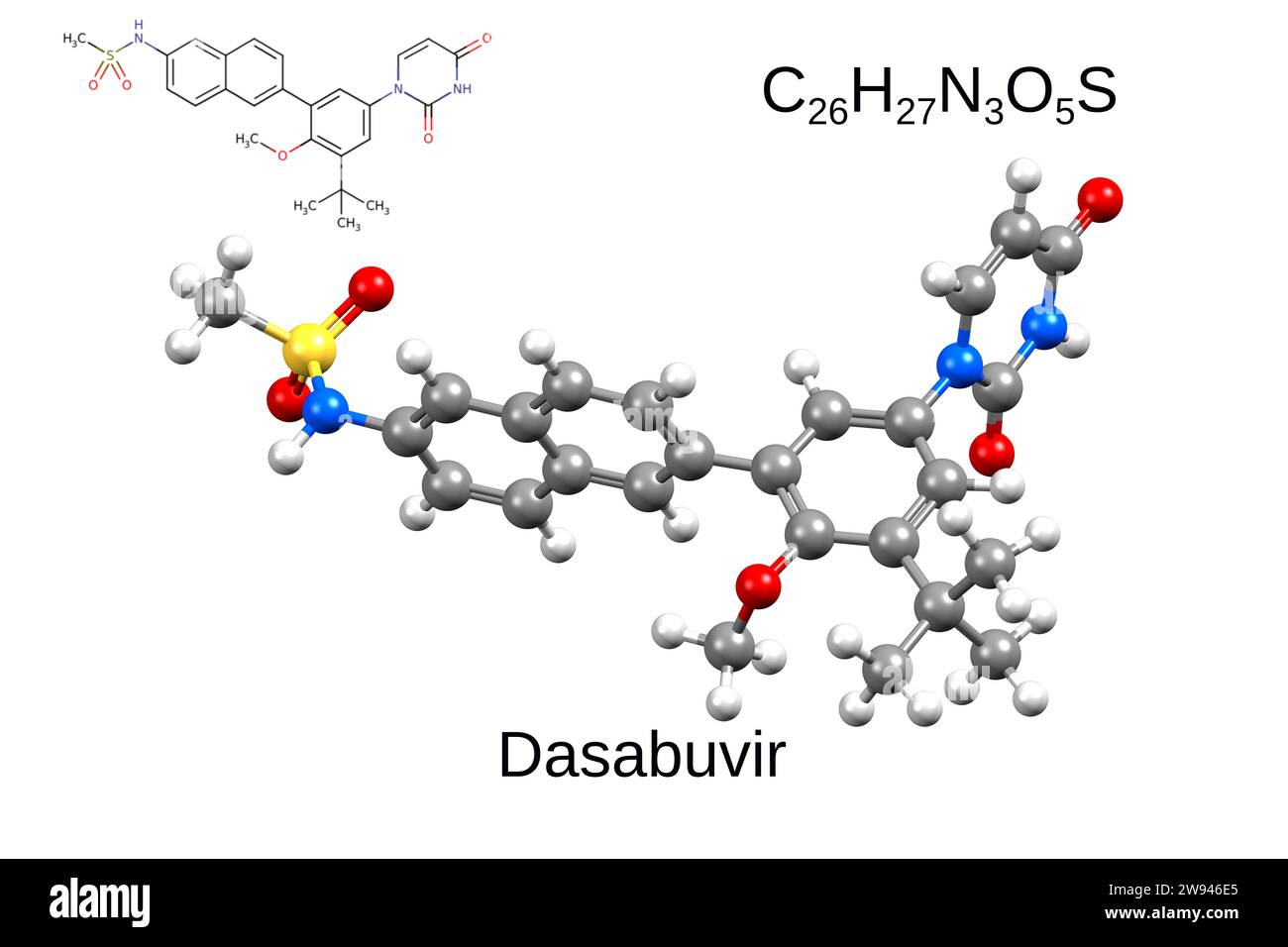 Formula chimica, formula scheletrica e modello 3D palla e bastone di un farmaco antivirale dasabuvir, sfondo bianco Foto Stock
