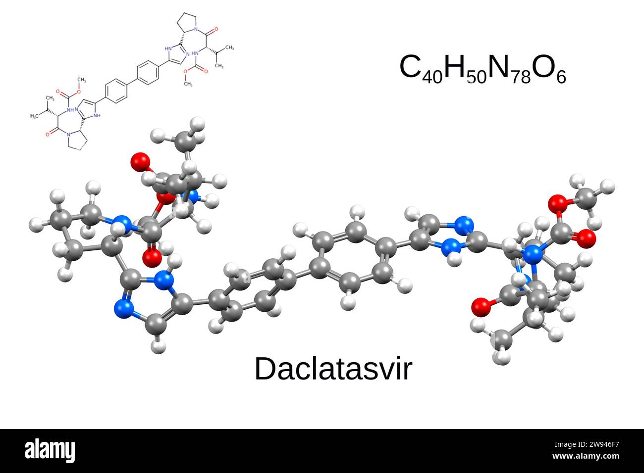 Formula chimica, formula scheletrica e modello 3D palla e bastone di un farmaco antivirale daclatasvir, sfondo bianco Foto Stock
