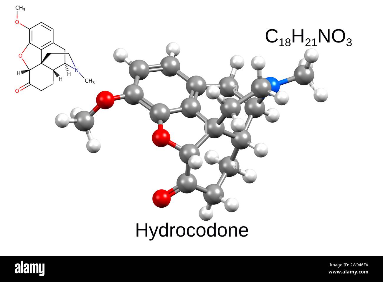 Formula chimica, formula strutturale e modello 3D di idrocodone oppioide, sfondo bianco Foto Stock
