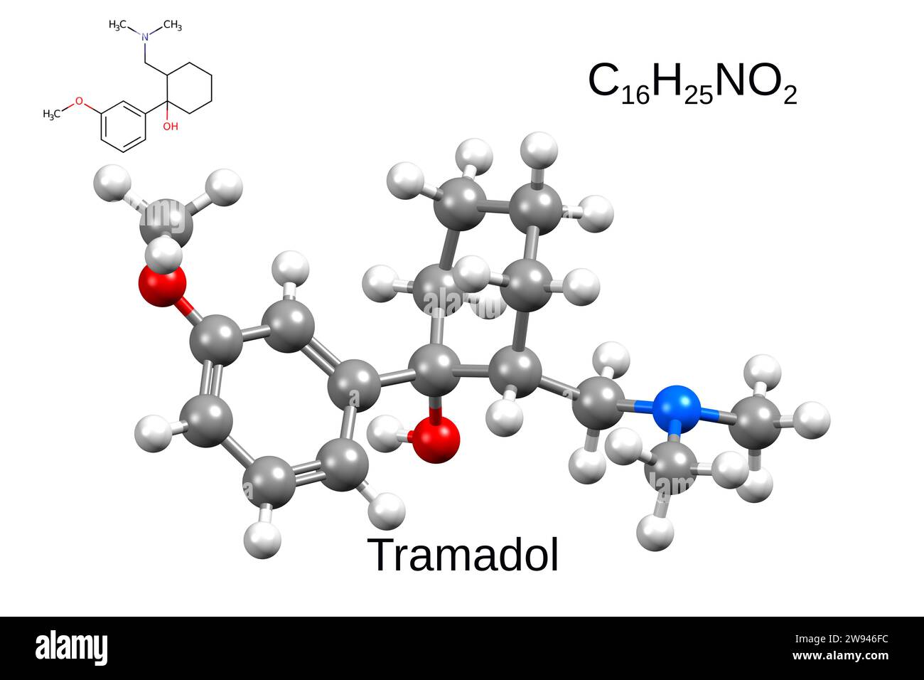 Formula chimica, formula strutturale e modello 3D di tramadolo oppioide, sfondo bianco Foto Stock