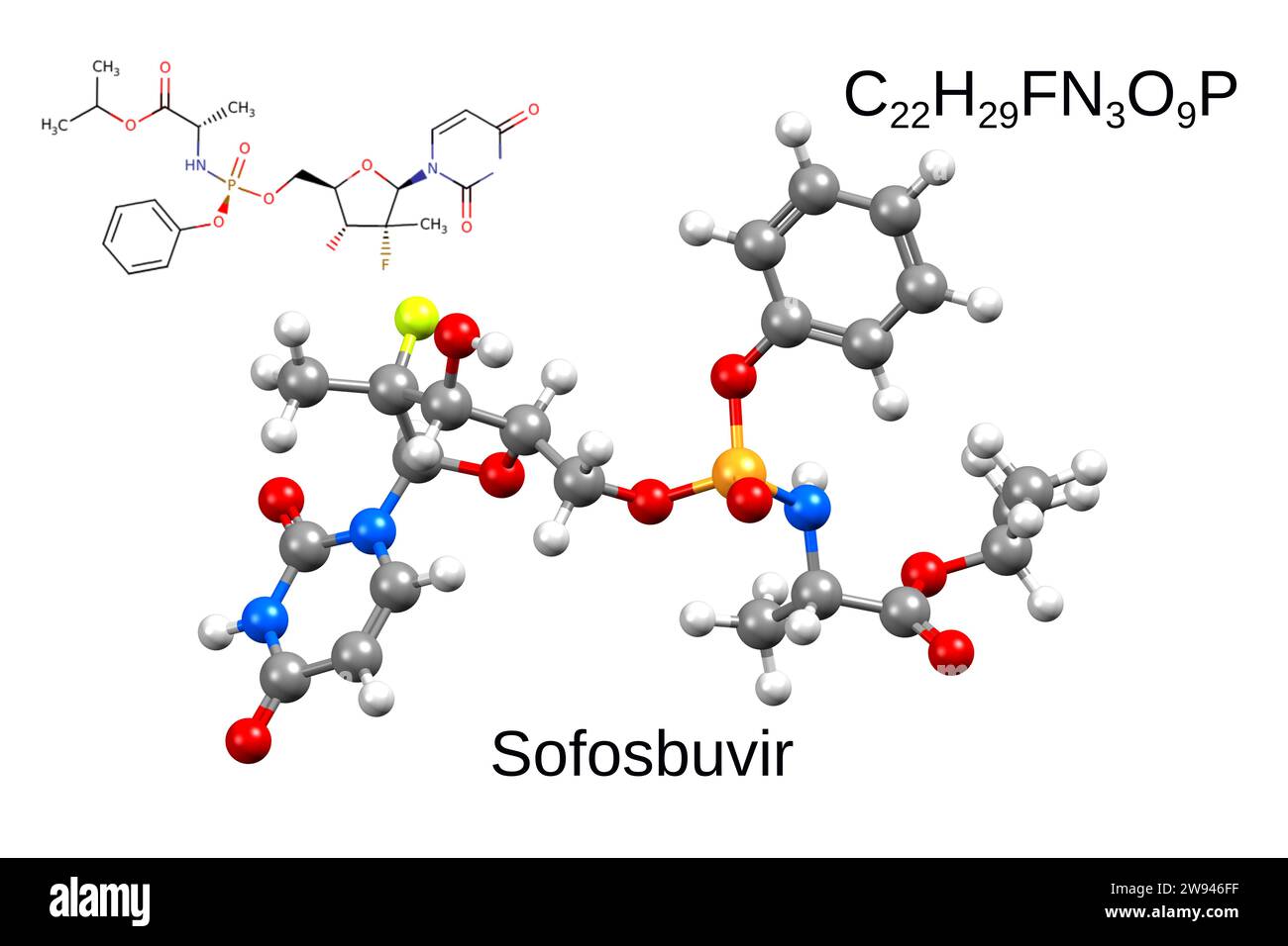 Formula chimica, formula scheletrica e modello 3D palla e bastone di un farmaco antivirale sofosbuvir, sfondo bianco Foto Stock