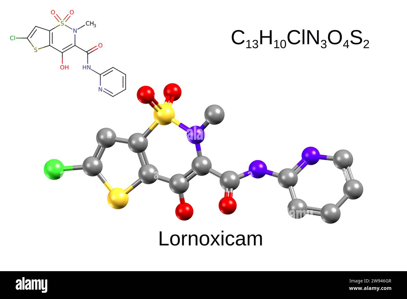 Formula chimica, formula strutturale e modello 3D palla e bastone di lornoxicam, noto anche come clortenoxicam, un farmaco antinfiammatorio non steroideo Foto Stock