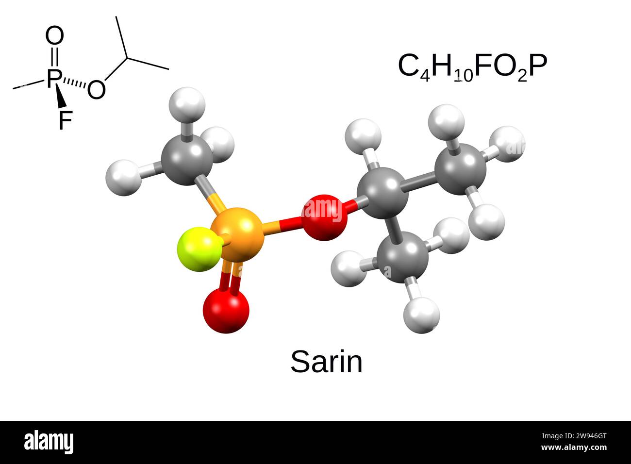 Formula chimica, formula scheletrica e modello 3D palla e bastone di sarin, un gas neurotossico usato come arma chimica, sfondo bianco Foto Stock