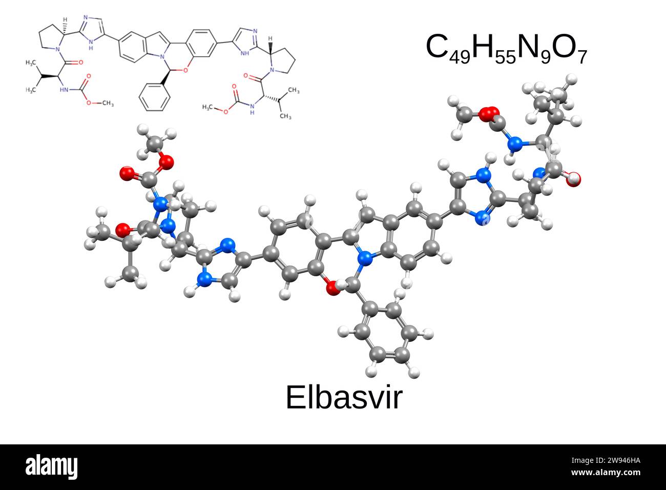 Formula chimica, formula scheletrica e modello 3D palla e bastone di un farmaco antivirale elbasvir, sfondo bianco Foto Stock