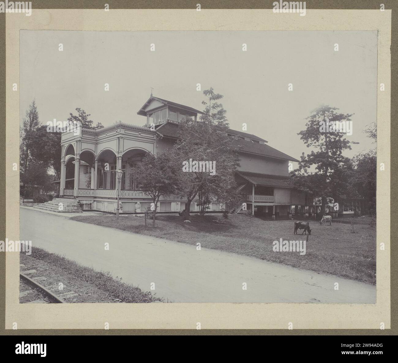 Aceh Drukkerij, 1900 - 1914 Fotografia vista laterale dell'Aceh Drukkerij in banda Aceh. L'edificio che precede il nome della tipografia è dipinto sulla facciata, quindi probabilmente poco prima o dopo l'acquisizione, CA. 1900-1914. Accanto all'edificio, le mucche pascolano, una strada e una ferrovia o un tram di fronte all'edificio. Foto incollata al cartone. Parte di un gruppo di nove foto sulla stampante Aceh. Supporto fotografico banda Atjeh. Cartone delle Indie Orientali olandesi, il. Banda Atjeh Foto Stock