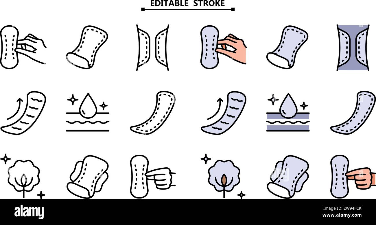 Set di icone colore cuscinetto sanitario donna. Tratto modificabile. Concetto di routine igienica. Raccolta di segnali vettoriali per tamponi sanitari. Tovaglioli igienici per donna, icone piatte. M Illustrazione Vettoriale