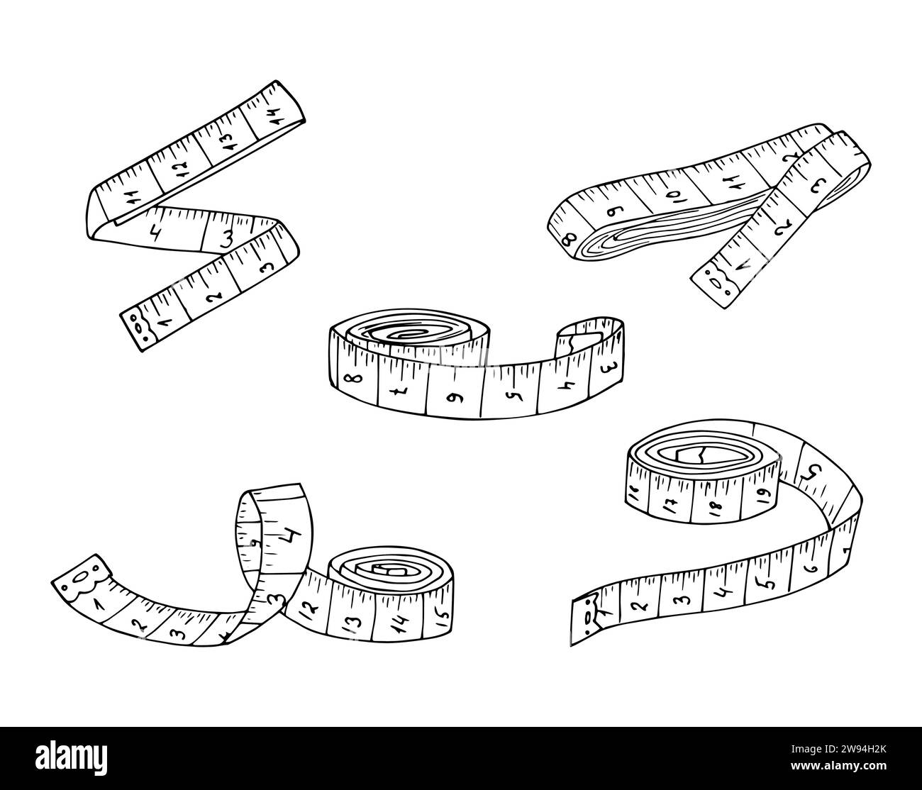Set di metro a nastro illustrato a mano. Schizzo del nastro metrico. Nastro al centimetro. Strumento per personalizzazione, atelier, icona del vettore di fitness isolato Illustrazione Vettoriale