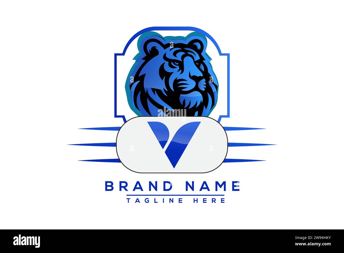 Logo V Tiger Design blu. Logo Vector per le aziende. Illustrazione Vettoriale