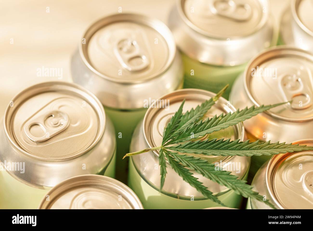 Una collezione di lattine di alluminio con una foglia di cannabis. Concetto di tendenza delle bevande infuse con CBD con canapa. Settore del benessere e del packaging ecocompatibile. Foto Stock