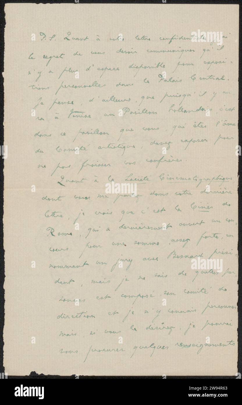 Lettera a Philip Zilcken, Vittorio Pica, 1874 - 1930 carta da lettere. Inchiostro scrittura (processi) / penna mostra  arte Venezia Foto Stock