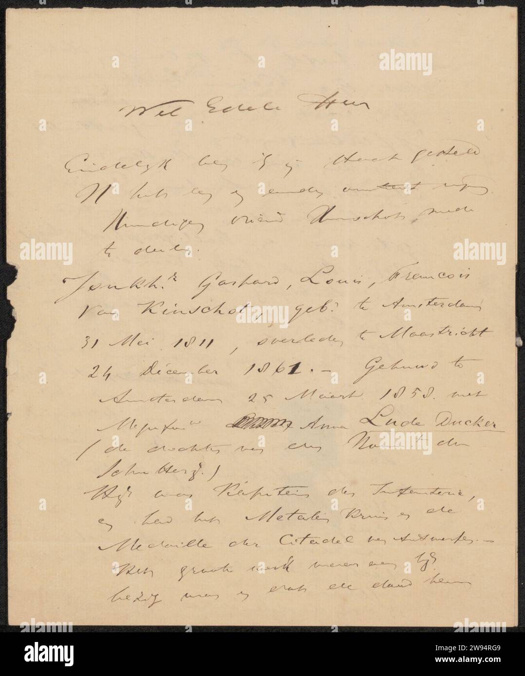 Lettera a Christiaan Kramm, Alexander Ver Huell, 1862 lettera Arnhem paper. scrittura inchiostro (processi) / penna Foto Stock