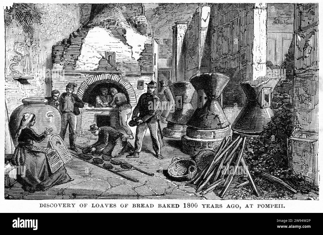 Incisione della scoperta del pane cotto a Pompei che era stato sepolto 1800 anni prima, dal mondo sotterraneo, intorno al 1878 Foto Stock