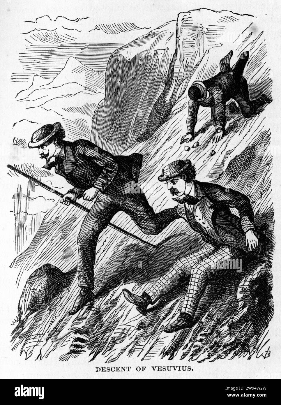 Incisione di esploratori che scendono nel cratere del Vesuvio, dal mondo sotterraneo, intorno al 1878 Foto Stock