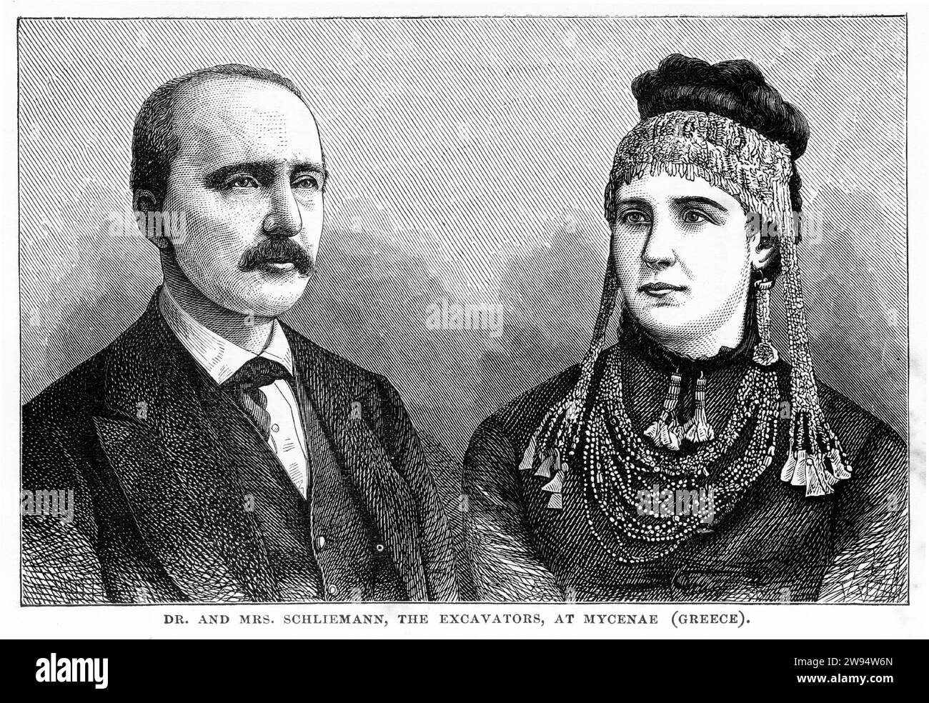 Incisione del signor e della signora Schliemann, gli scavi di Micene in Grecia, dal mondo sotterraneo, circa 1878 Foto Stock