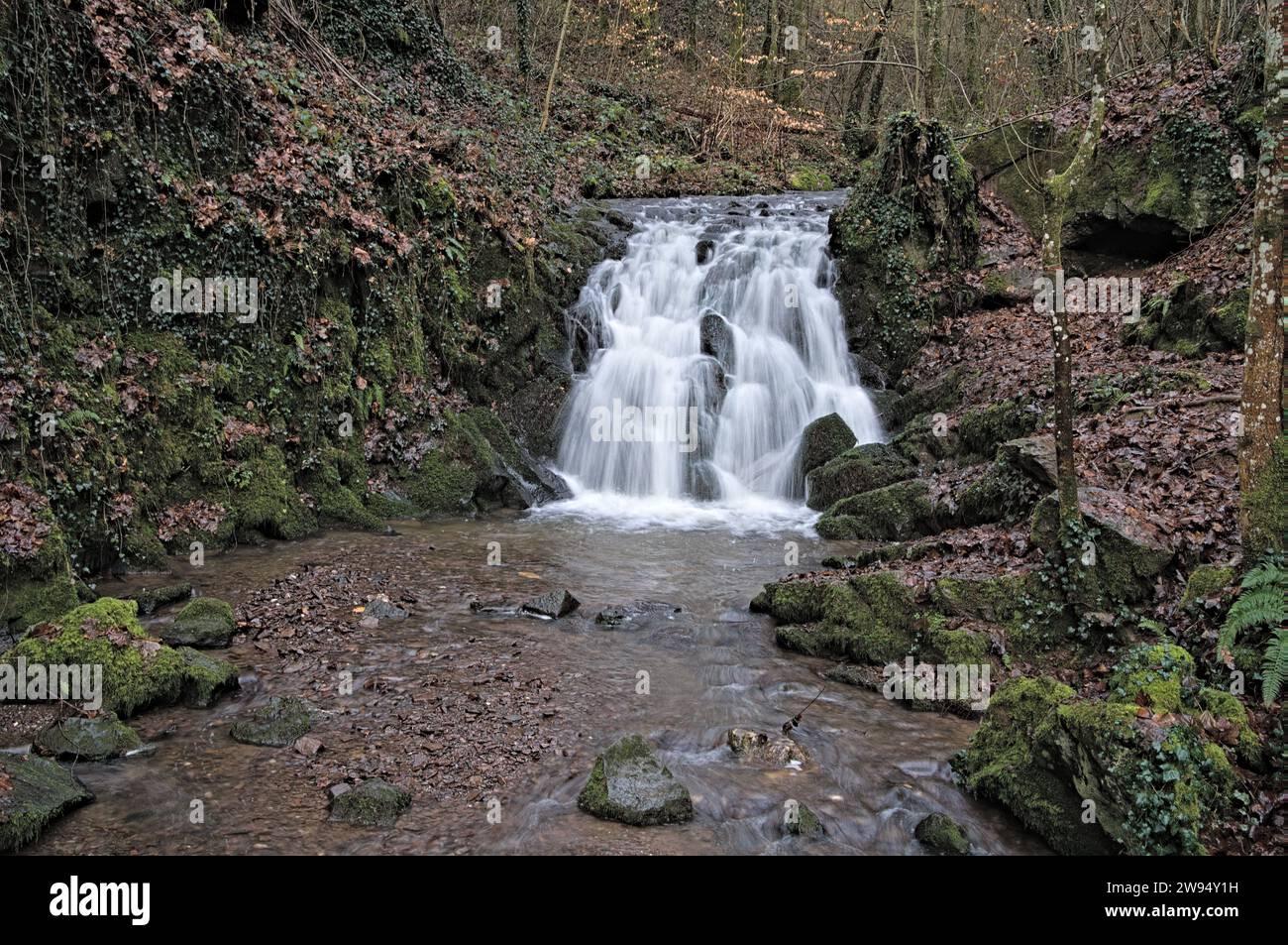 Vista panoramica della cascata di Elbesbach a Bad Bertrich durante il giorno d'inverno con esposizione prolungata Foto Stock