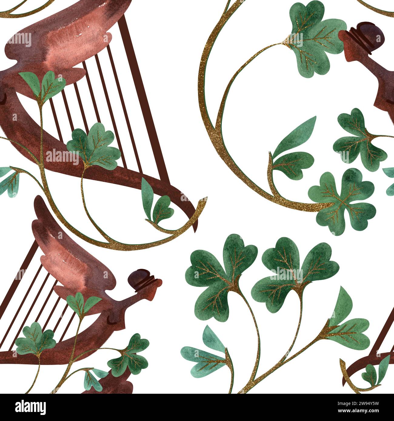 Motivo senza cuciture con simboli dell'Irlanda. Carta da imballaggio per St. Patrick's Day. Acquerello in stile vintage su sfondo bianco Foto Stock