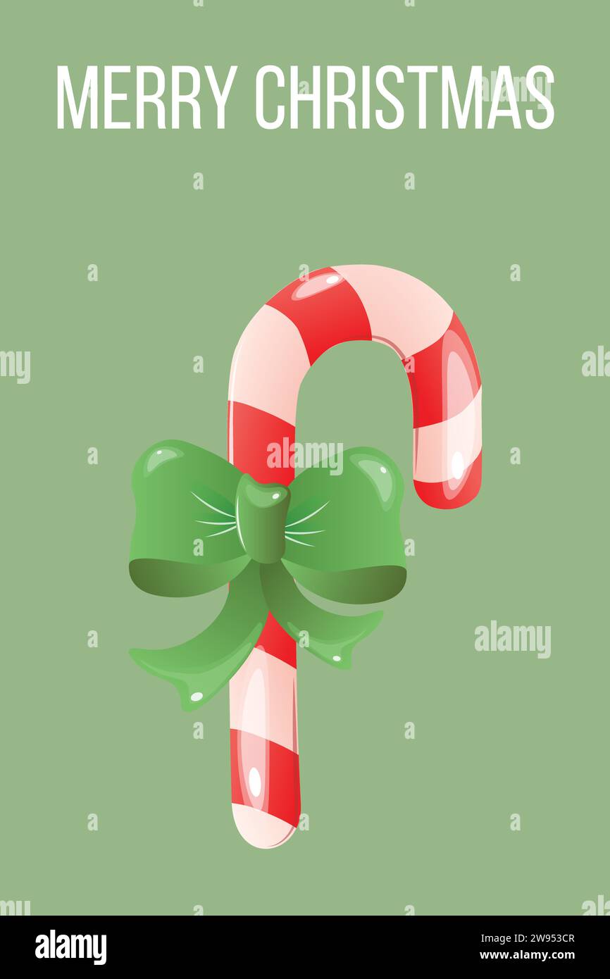 Cartolina di Natale con canna caramella a forma di canna con strisce rosse e grande arco verde con ombre e luci. Con il tessuto. Verticale. Vettore Illustrazione Vettoriale