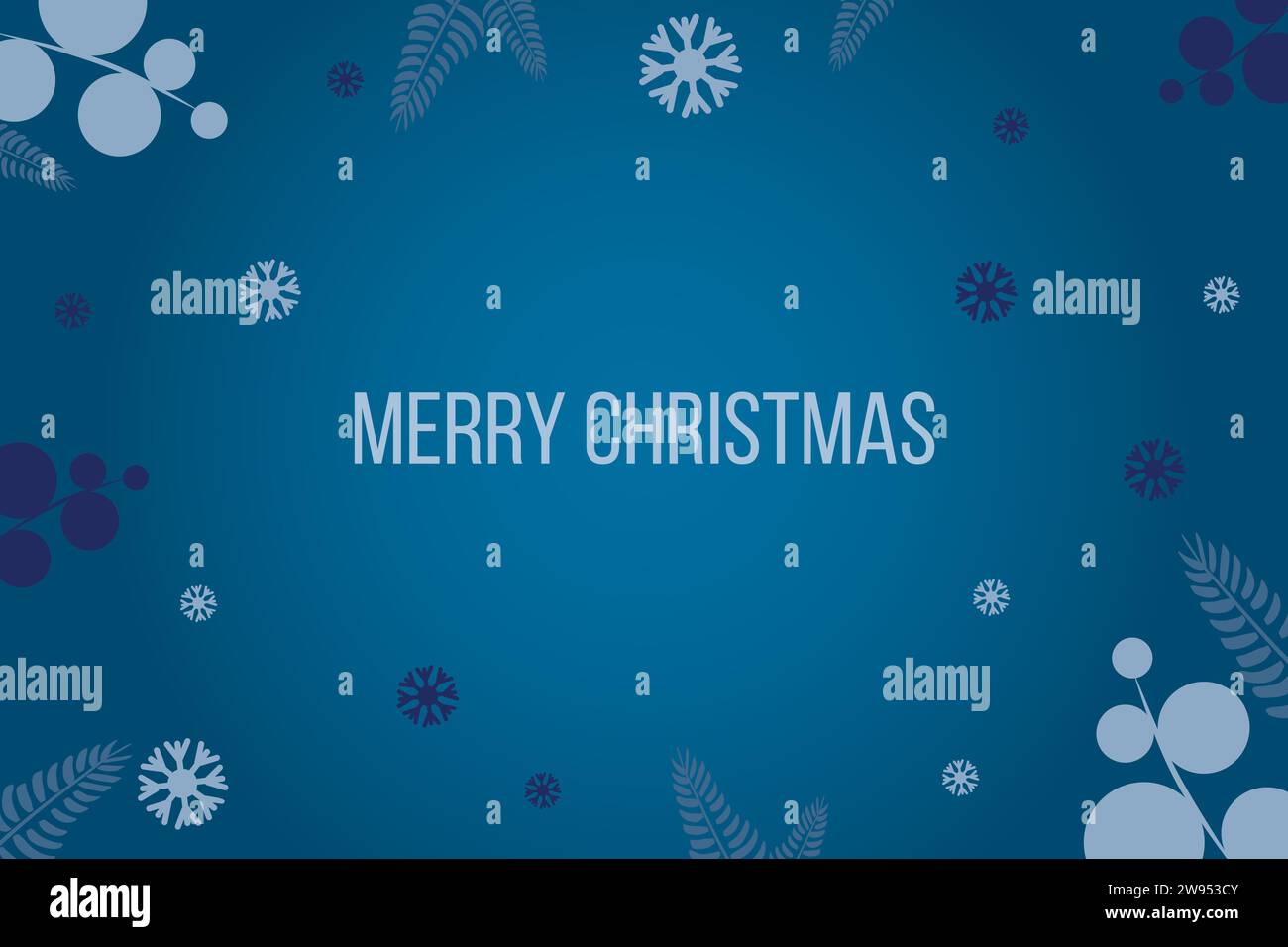 Cartolina blu natalizia con motivi minimalistici di Capodanno di diverse tonalità di colore blu con fiocchi di neve e rami decorativi. Con testo. Illustrazione Vettoriale