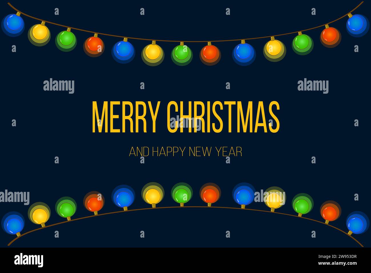 Biglietto d'auguri di Capodanno con ghirlanda di lampadine colorate su sfondo blu scuro e testo giallo. Orizzontale. Vettore. Illustrazione Vettoriale