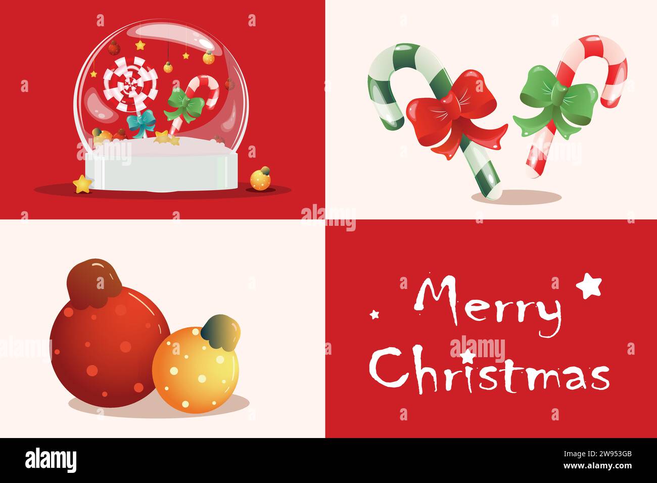 Biglietto d'auguri di Natale rosso e bianco diviso in settori quadrati di bianco e rosso. Palline di vetro gialle e rosse, canne caramelle e palloncini ricordo. Illustrazione Vettoriale