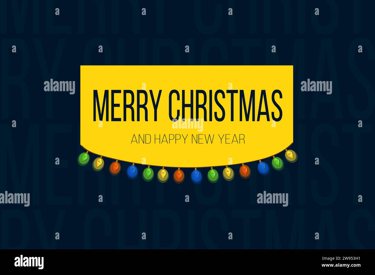 Cartolina di Capodanno con ghirlanda natalizia di lampadine multicolori su sfondo blu e testo blu su sfondo giallo. Orizzontale. Vettore. Illustrazione Vettoriale