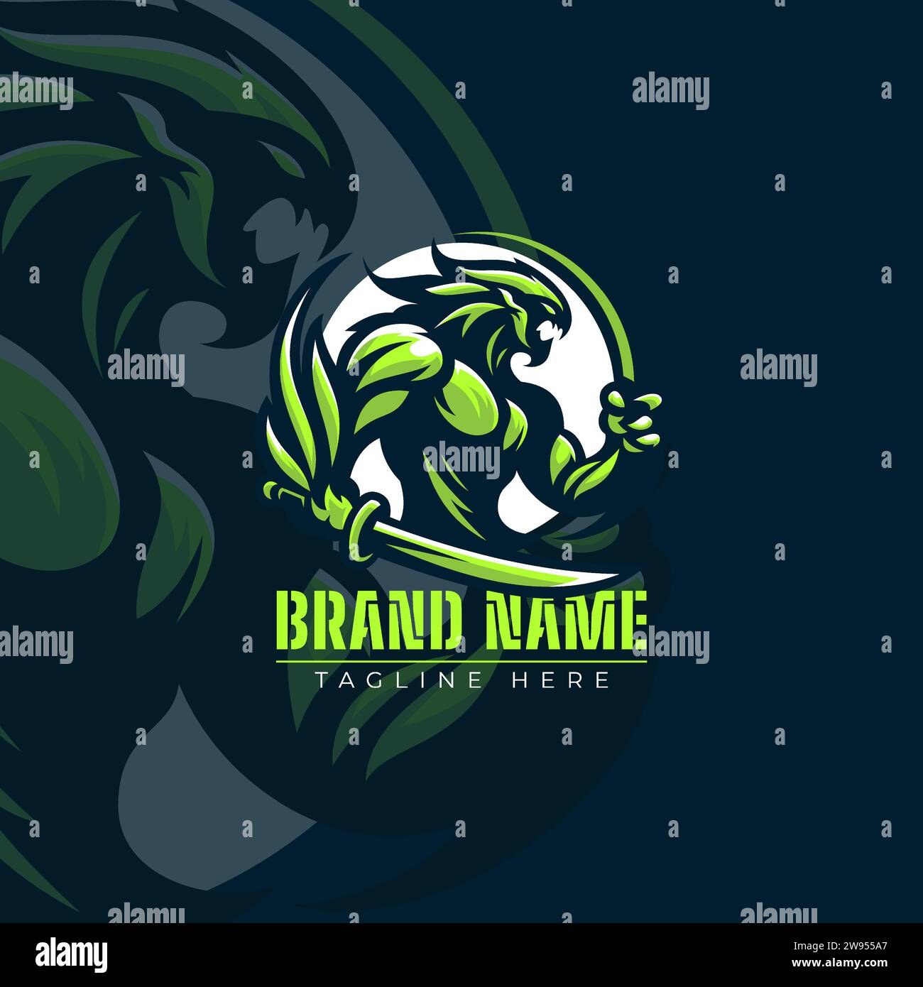 Illustrazione del logo vettoriale mostro verde. Logo della mascotte Scary creature su sfondo blu scuro. Illustrazione Vettoriale