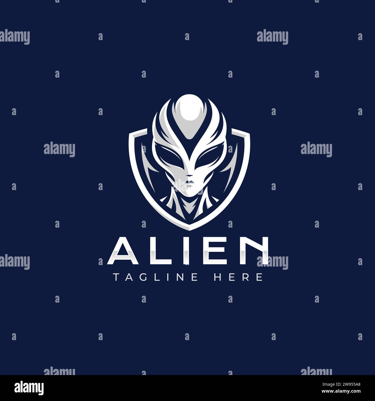 Illustrazione del logo Alien Vector. Logo alieno minimale su sfondo blu scuro. Illustrazione Vettoriale