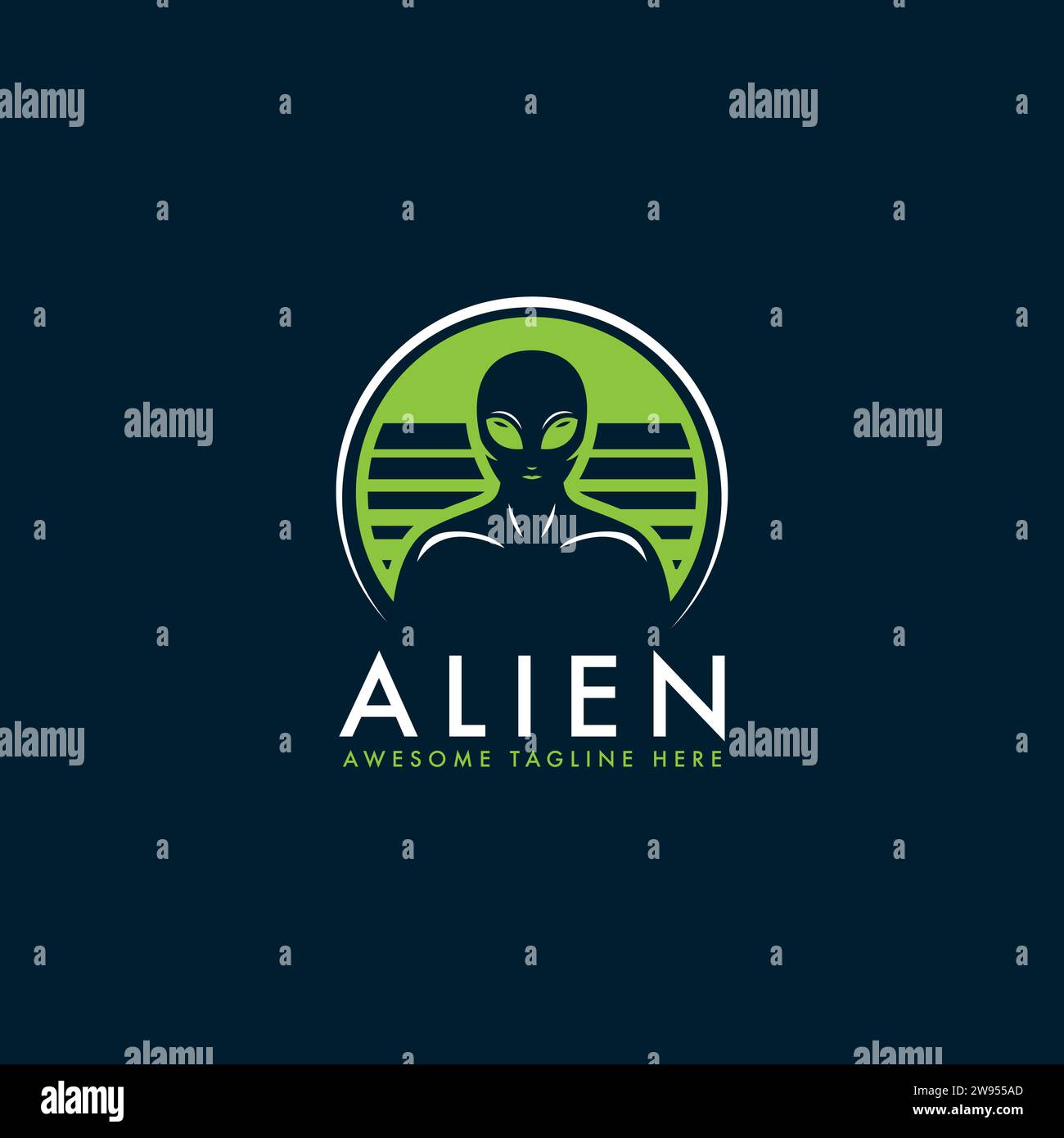Illustrazione del logo Alien Vector. Logo alieno minimale su sfondo blu scuro. Illustrazione Vettoriale