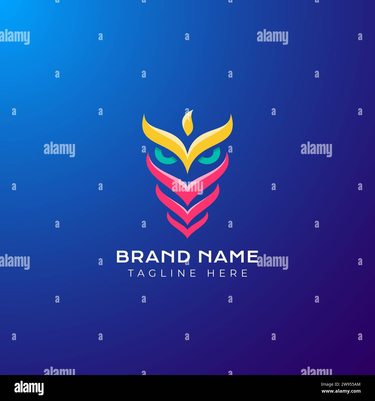 Illustrazione vettoriale del logo Owl. Mascotte con logo emblema su sfondo sfumato blu. Illustrazione Vettoriale