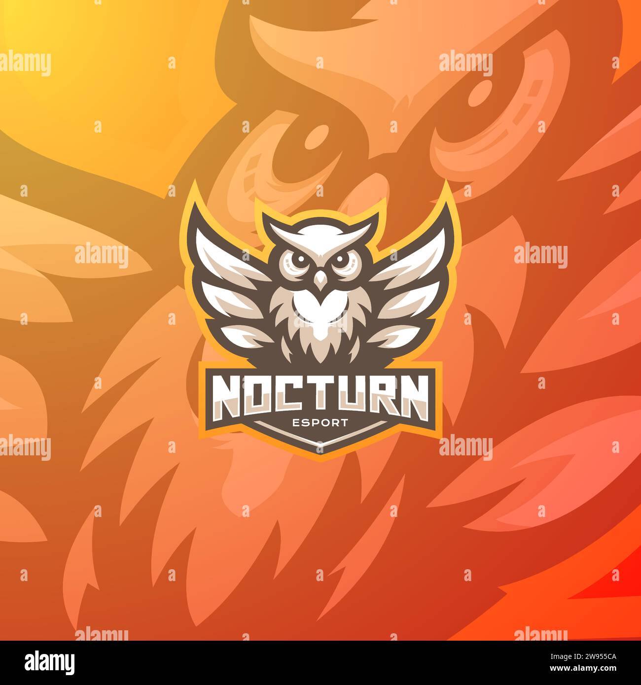 Illustrazione vettoriale del logo del gufo del team eSport. Mascotte con logo emblema su sfondo sfumato arancione. Illustrazione Vettoriale