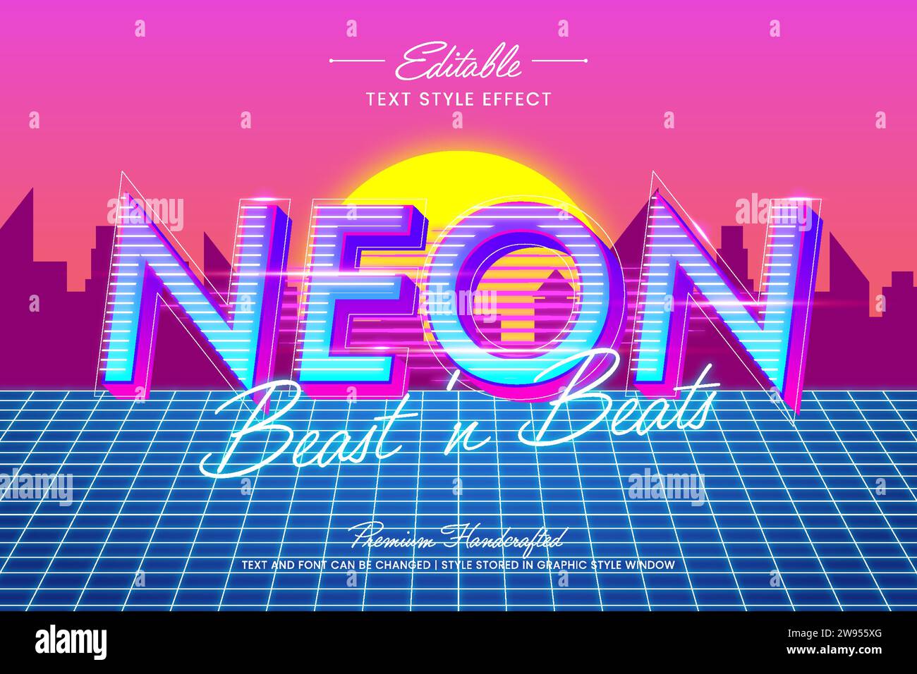 Effetto stile testo vettoriale 3D modificabile degli anni '80, adatto per creare grafica testuale accattivante per supporti digitali e di stampa, come poster, ecc. Illustrazione Vettoriale