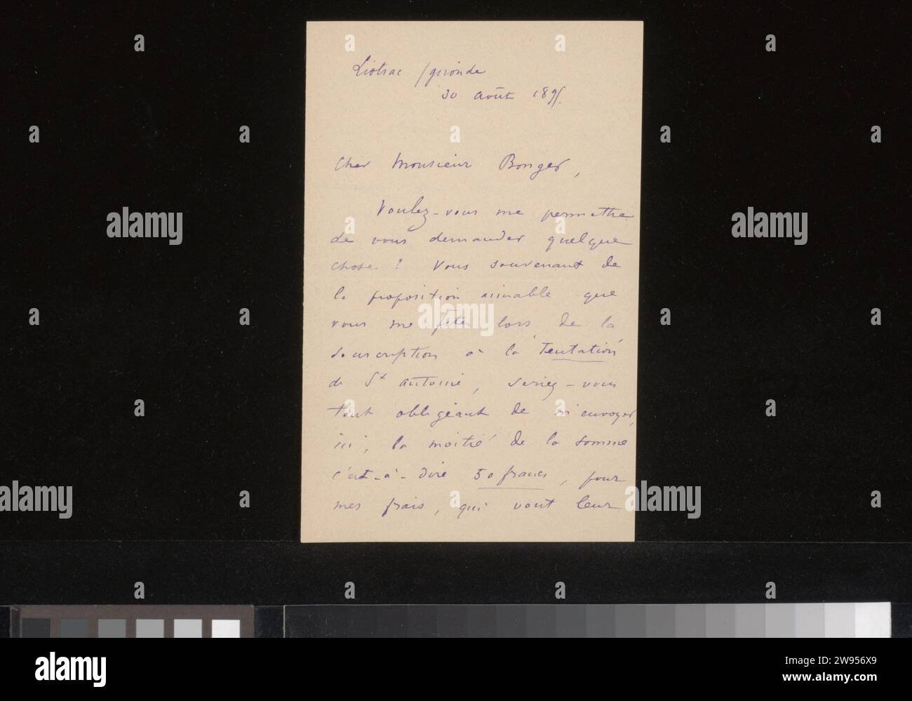 Lettera ad Andries Bonger, Odilon Redon, carta Listrac da 1895 lettere. scrittura a inchiostro (processi)/denaro penna Foto Stock